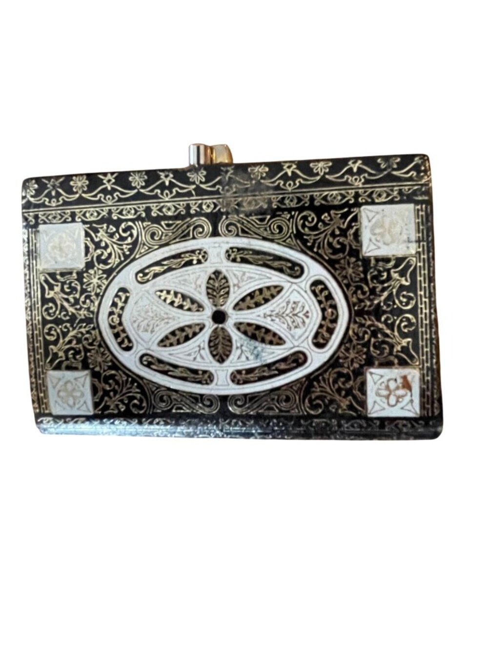 Vintage Black & Gold Italian Coin Purse With Ornate Floral Design & Cream Interi